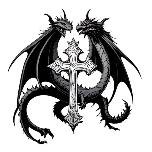 Cross of Lorraine and Dragon posed tattoo design idea