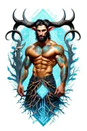 Gay male horned satyr, massive bodybuilder musculature. Around him are wild animals, tree roots. forest grove. tattoo design idea