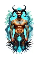Gay male horned satyr, massive bodybuilder musculature. Around him are wild animals, tree roots. forest grove. tattoo design idea