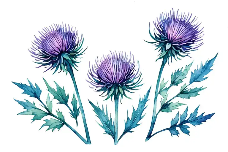 5-7 Scottish thistle flowers, asymmetrical, from collarbone to just above breasts, minimalist line work, color splashes tattoo design idea