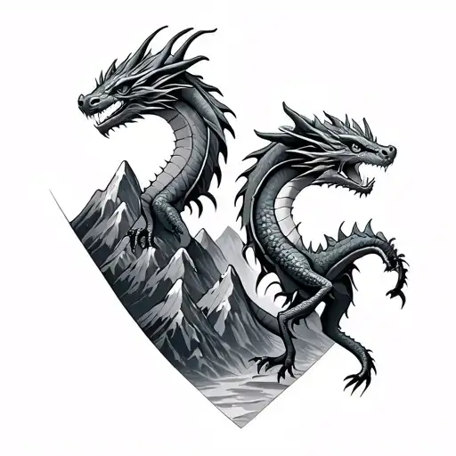 two tiny dragons and a moutain range tattoo design idea