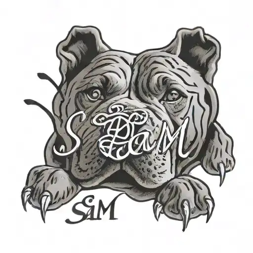 Pitbull paw print with Roman numerals of 12~07~2018 underneath and the name Sam in cursive writing in the paw  tattoo design idea