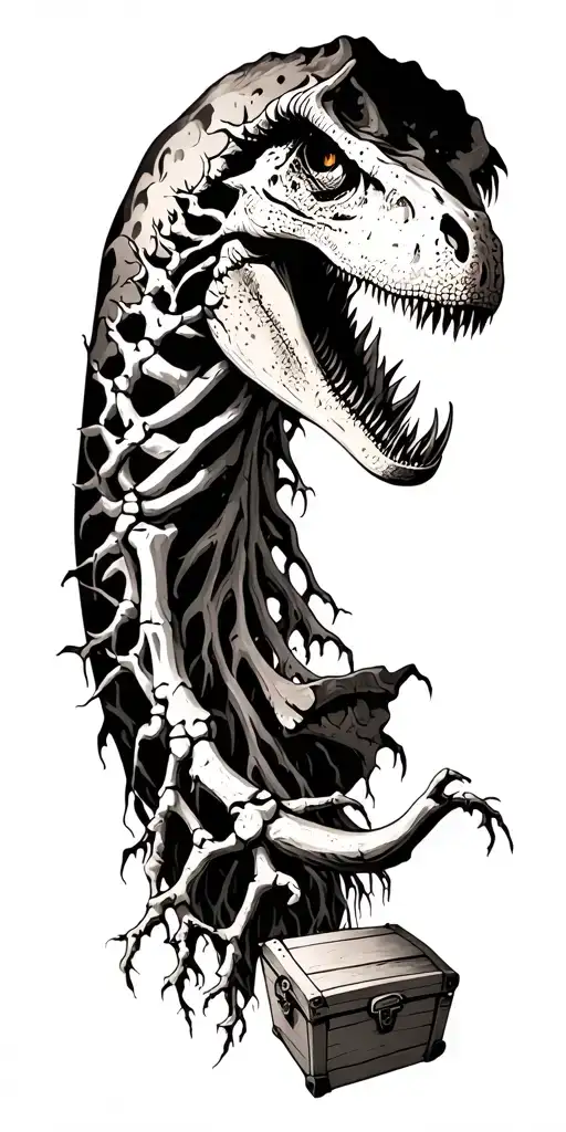  the roots of the trees, 1 image of dinosaur bones, and 1 treasure chest an arm sleeve  tattoo design idea