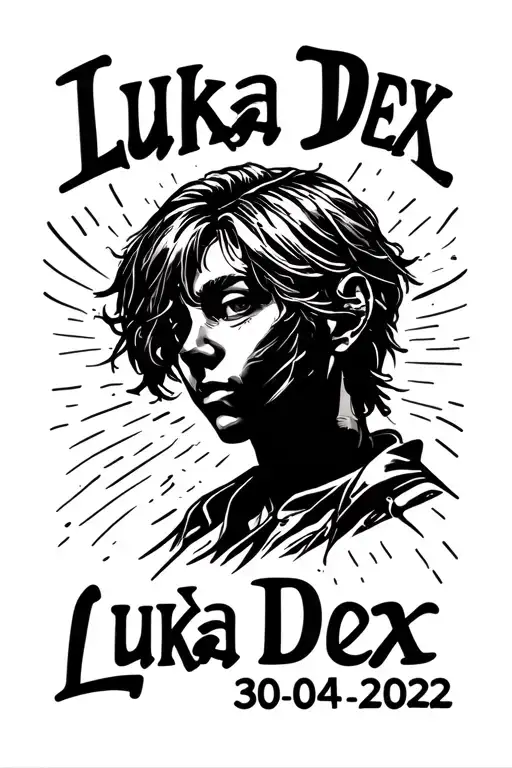 "Luka Dex 30-04-2022" minimalistic line art kid name, face silouhette, and date all connected in stylish single line tattoo design idea