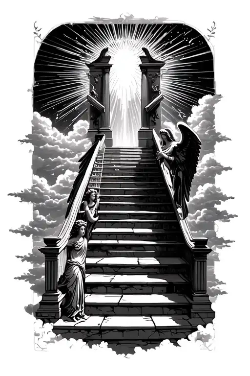 stairway to heaven walking up stairs angels sun rays clouds heaven gate at the top of the stairs  tattoo design idea
