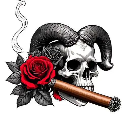 Skull smoking cigar with 1 ram horn and roses, dark themed tattoo only rose is red tattoo design idea