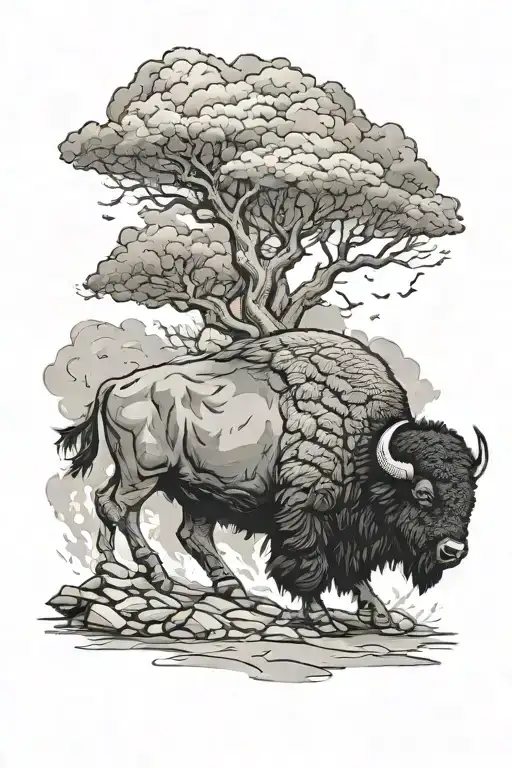 bison walking in storm and cobblestone street tattoo design idea