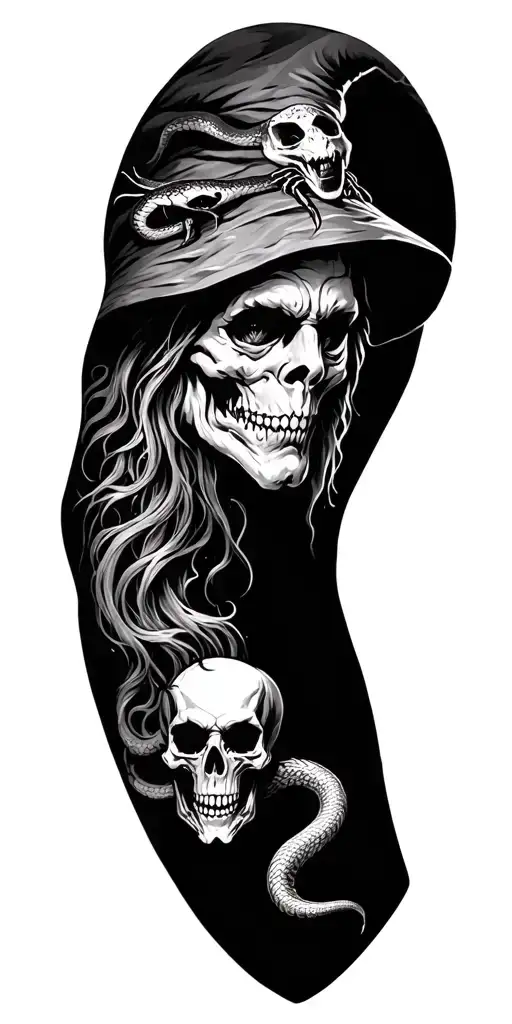 create me an arm sleeve that on the shoulder has a wizard and on the forearm there is a snake a skull and a spider tattoo design idea