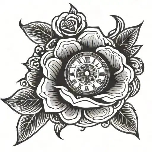 Clock inside a Rose tattoo design idea