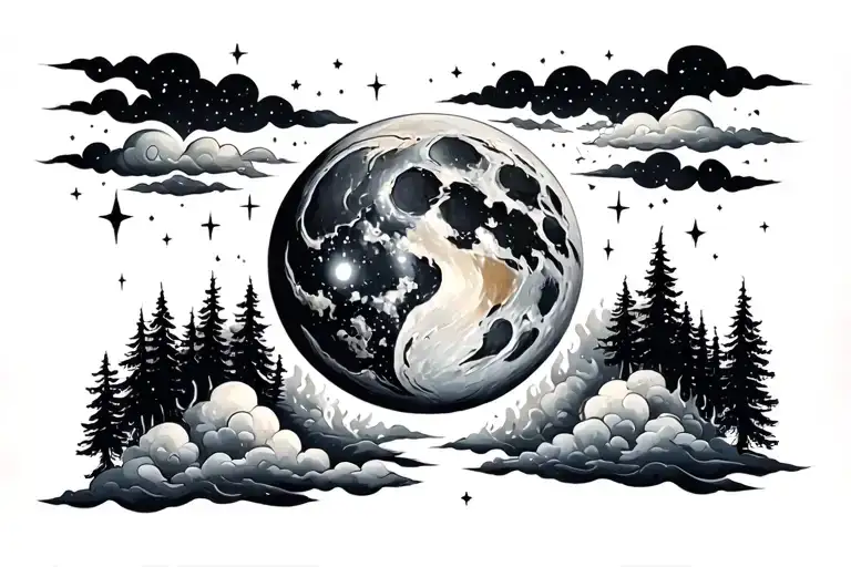 moon clouds stars, fire, earth/trees below tattoo design idea