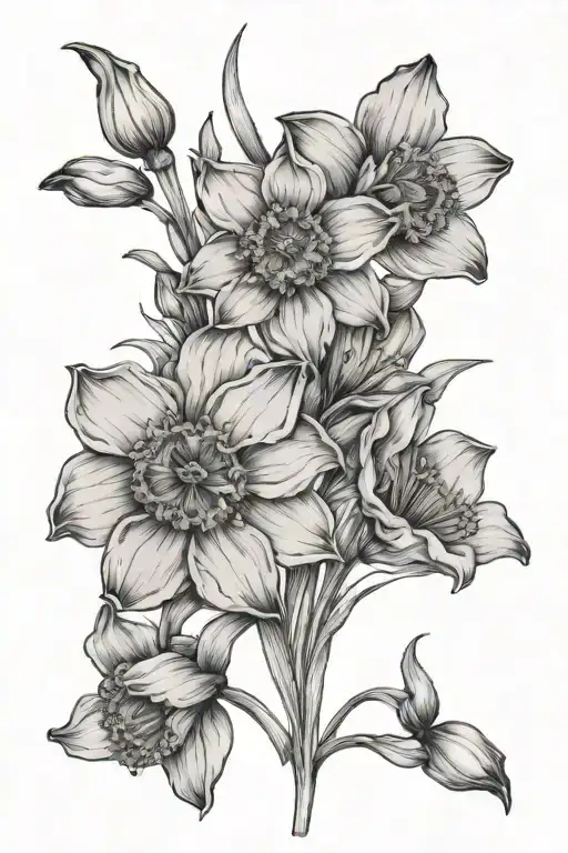 daffodil, poppy, and daisy bouquet fine line tattoo design idea