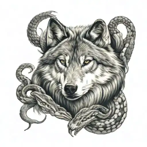 wolf surrounded by snake coiled tattoo design idea
