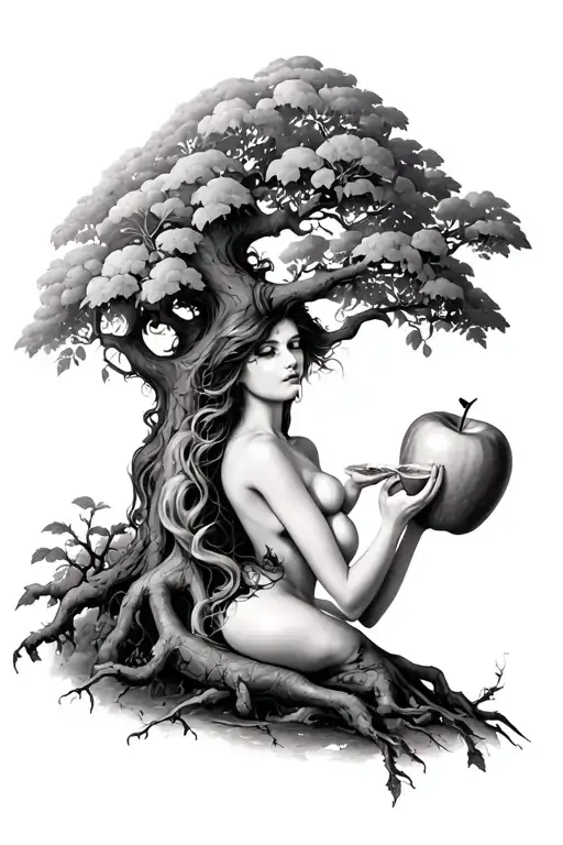 poison tree with eve eating an apple tattoo design idea