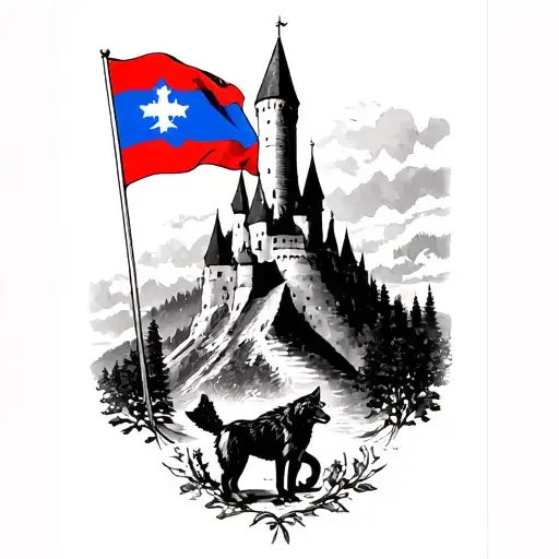 I would like a forearm tattoo, with wolves at the bottom, a flag of Slovakia raised on top of a castle, tattoo design idea