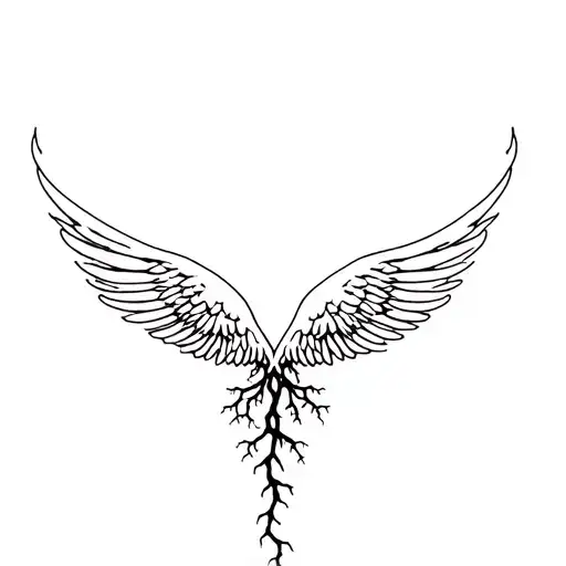 Symmetrical Angelic wings with roots growing underneath, high quality image, simplistic line art tattoo design idea