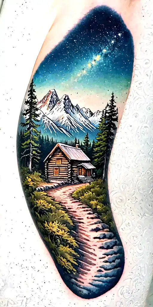 A mountain trail, with a log cabin ahead surrounded by mountains and a starry sky tattoo design idea