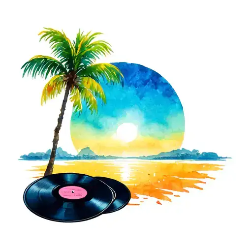 Oldschool hip -hop, records, palm trees, sunshine tattoo design idea