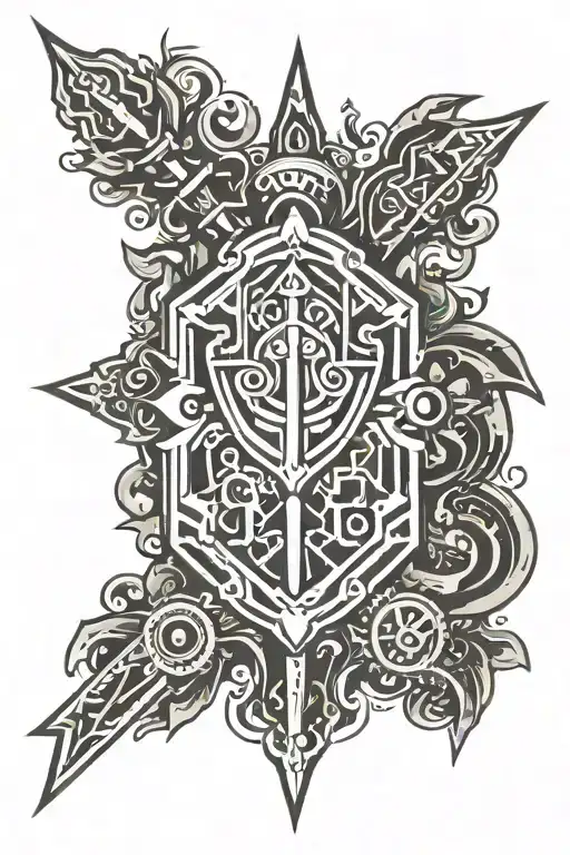 An abstract crest tattoo on the back of the thigh, representing Ogum, Ossaim, Exu, and Xangô. Include stylized symbols: sword and gears, sacred leaves, trident with flames, and double axe. Minimalist and tribal design, with black lines and subtle details, harmonizing the elements within the crest tattoo design idea