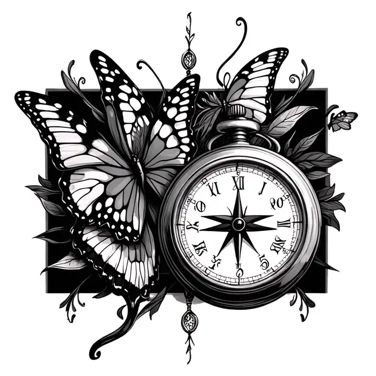 compass, pocket watch and butterflies tattoo design idea