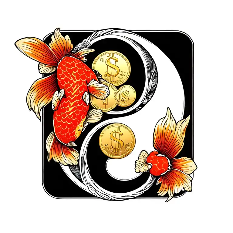 fine line japanese koi yin yang money frog with gold coin tattoo design idea