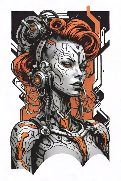 cyborg cyberpunk woman posing tattoo design idea
