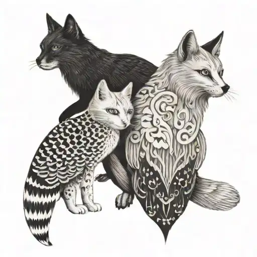 white cat and owl and fox japanese tattoo design idea