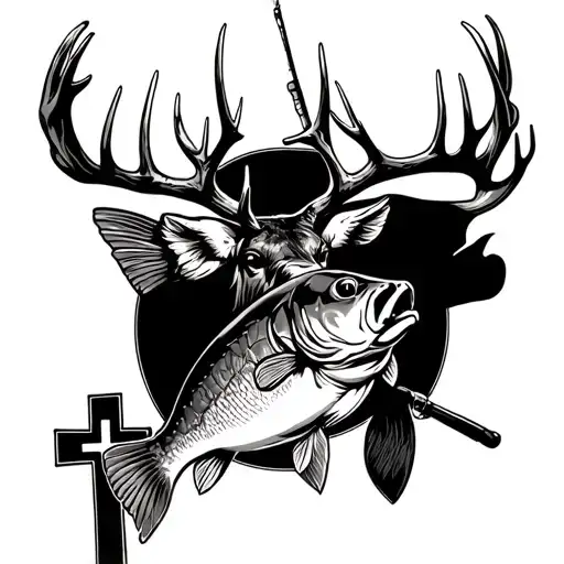 Big Buck with large rack with big bass fish, fishing rod and christian cross tattoo design idea