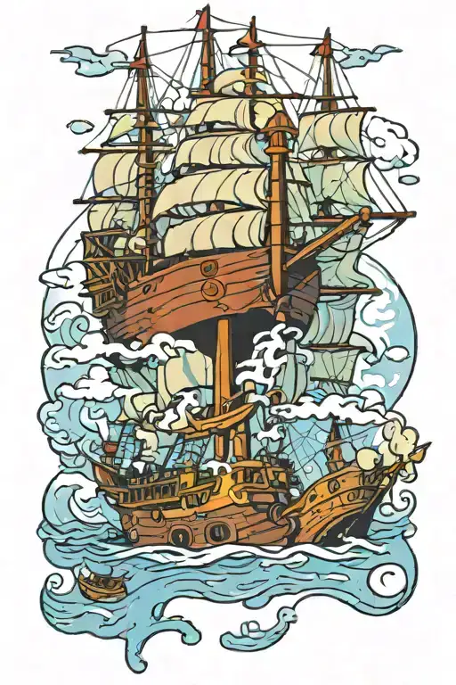 Rigged ship in port tattoo design idea