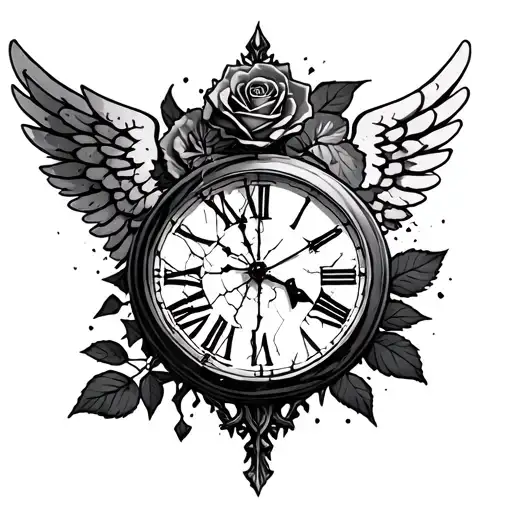 rose, cross, angel, broken clock tattoo design idea