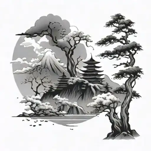 miyamoto musashi, japanese trees, clouds, wind, mountaitn, no color tattoo for left arm sleeve tattoo design idea