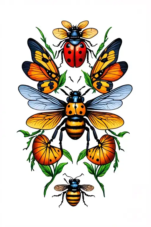 firefly, ladybug, bumble bee, butterfly wings tattoo design idea