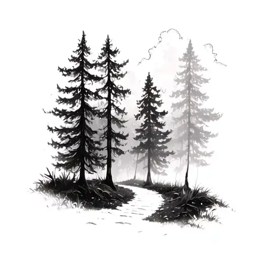  dark trees and a small pathway in the forest scene tattoo design idea
