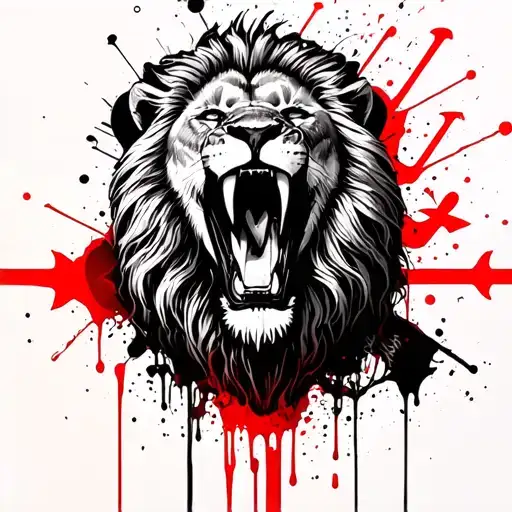 I want a Louis Vuitton pattern background in black and a vicious lion in the middle with his mouth wide open and blood d tattoo design idea