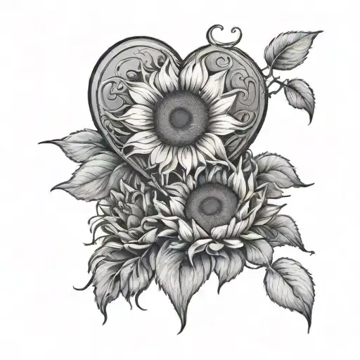 a heart with two sunflowers and shaded tat tattoo design idea