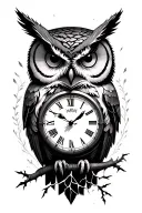 owl, forest, broken clock tattoo design idea