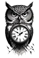 owl, forest, broken clock tattoo design idea