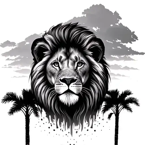 lion face with african safari underneath all blended and also blended within lions hair,  tattoo design idea