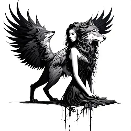 Phenix woman without face monitored by a benevolent wolf tattoo design idea