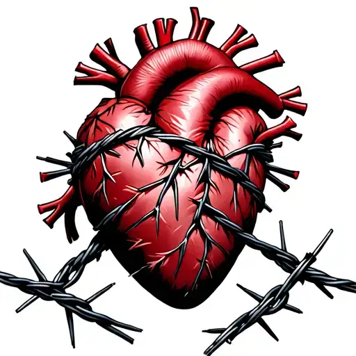A heart not made of flesh, but rough, stitched leather. It’s encircled in barbed wire that bites in, drawing thin black  tattoo design idea