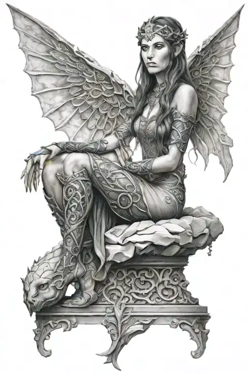 hyper realistic elven goddess sitting on stone wall tattoo design idea