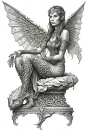 hyper realistic elven goddess sitting on stone wall tattoo design idea