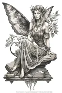 hyper realistic elven goddess sitting on stone wall tattoo design idea