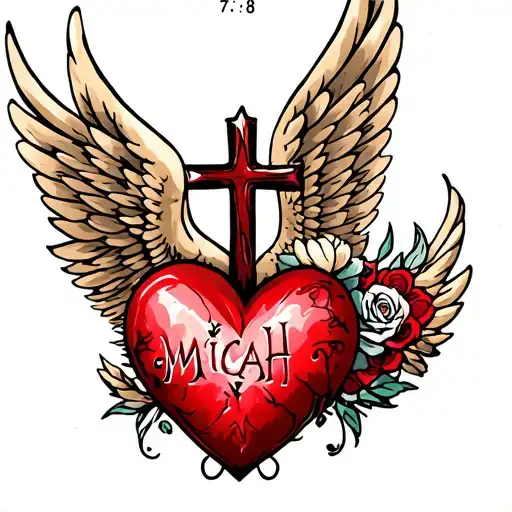 "Micah 7:8" cross heart with wings holding tattoo design idea
