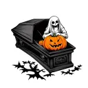 casket with ghost holding a pumpkin on Halloween inside the casket tattoo design idea