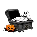 casket with ghost holding a pumpkin on Halloween inside the casket tattoo design idea
