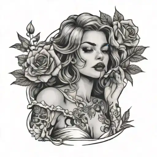 woman smoking weed in bed of roses tattoo design idea