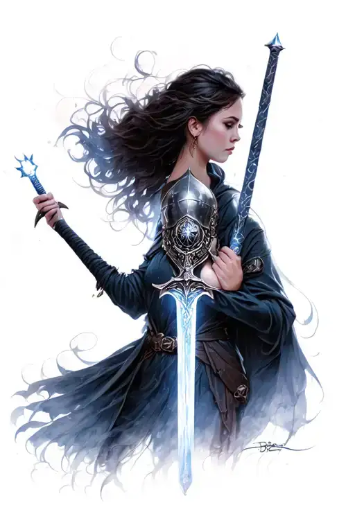 woman good with steal helmat holding a light sword in one hand tattoo design idea