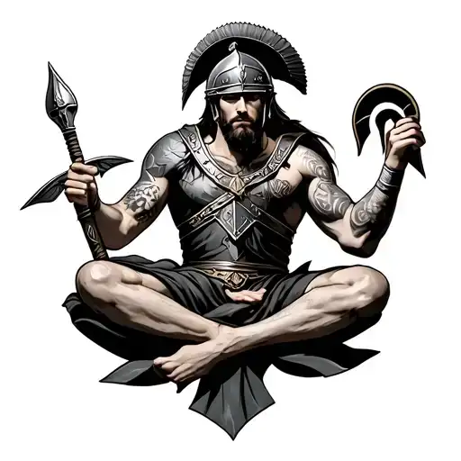 Roman warrior with his Spartan helmet, in uniform, sitting in the lotus position, with tattoos tattoo design idea