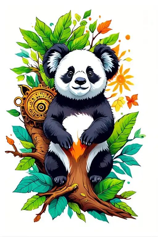 colorful tattoo with a panda as the focal point. A koala in a tree, a fox, a bear, a snail with gears as the shell, an o tattoo design idea