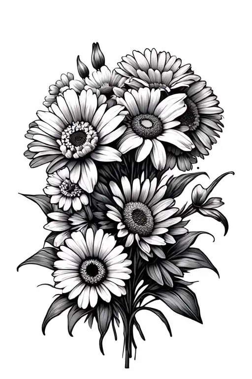 bouquet of marigold daffodil daffodil violet daisy black and white small foot tattoo design idea